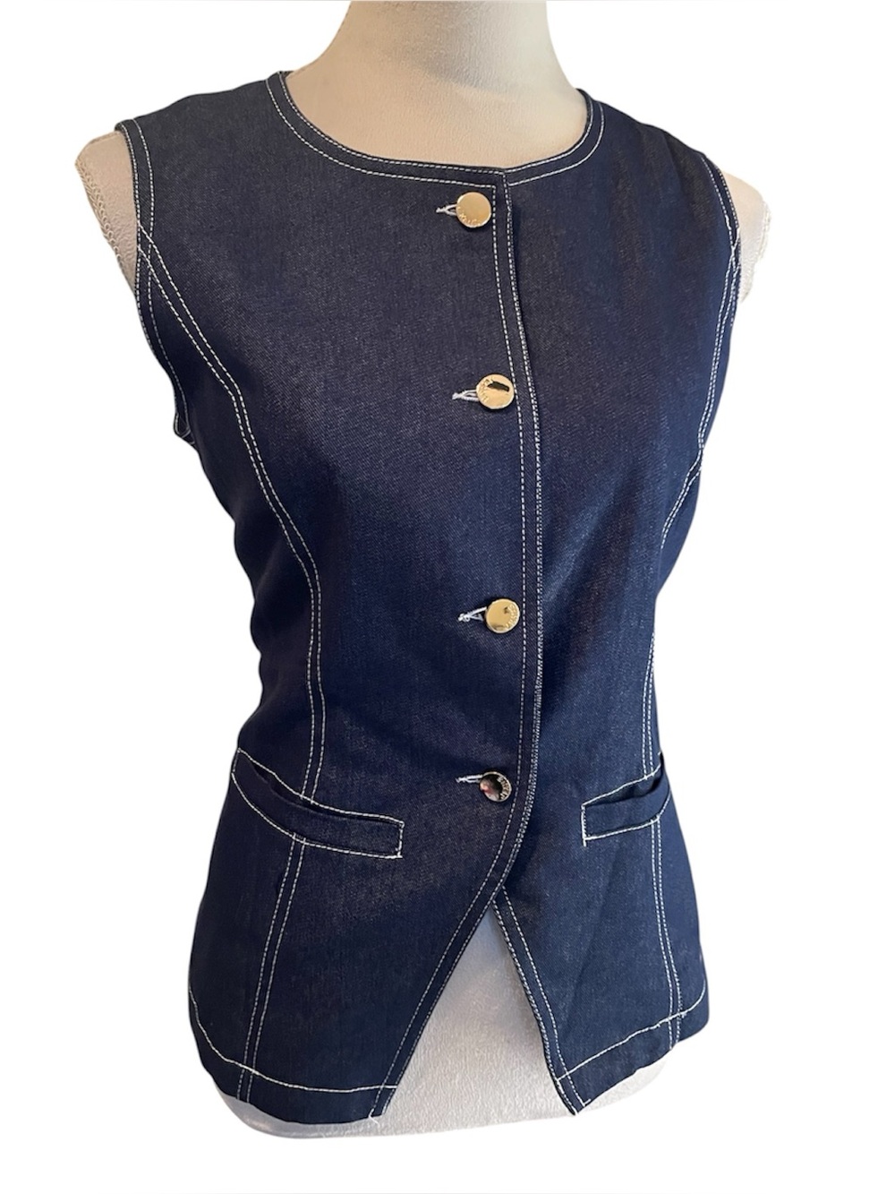 Shimmer Tailored Sleeveless Dark Blue Denim Vest with Contrast Stitching
